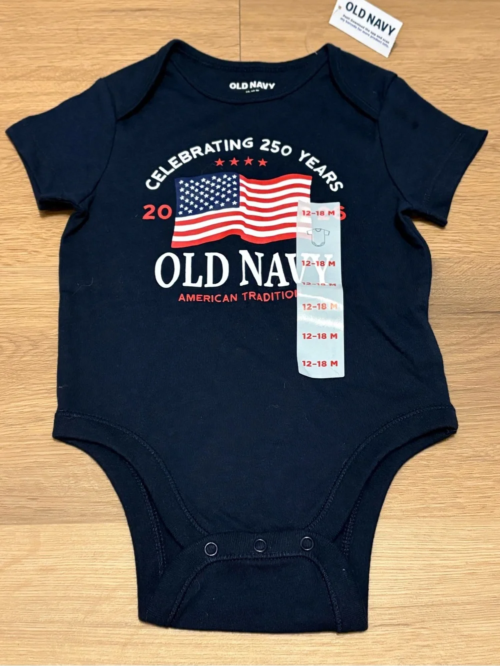 Old Navy 2026 Navy Blue Bodysuit American Flag Graphic celebrating 250 years